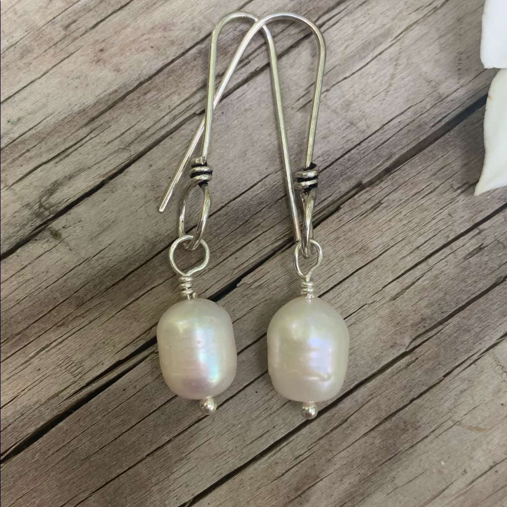 SOLD Pearl White Barrel Earrings.SS Twisted ear wire. Jewelry Store Quality - Picture 5 of 11